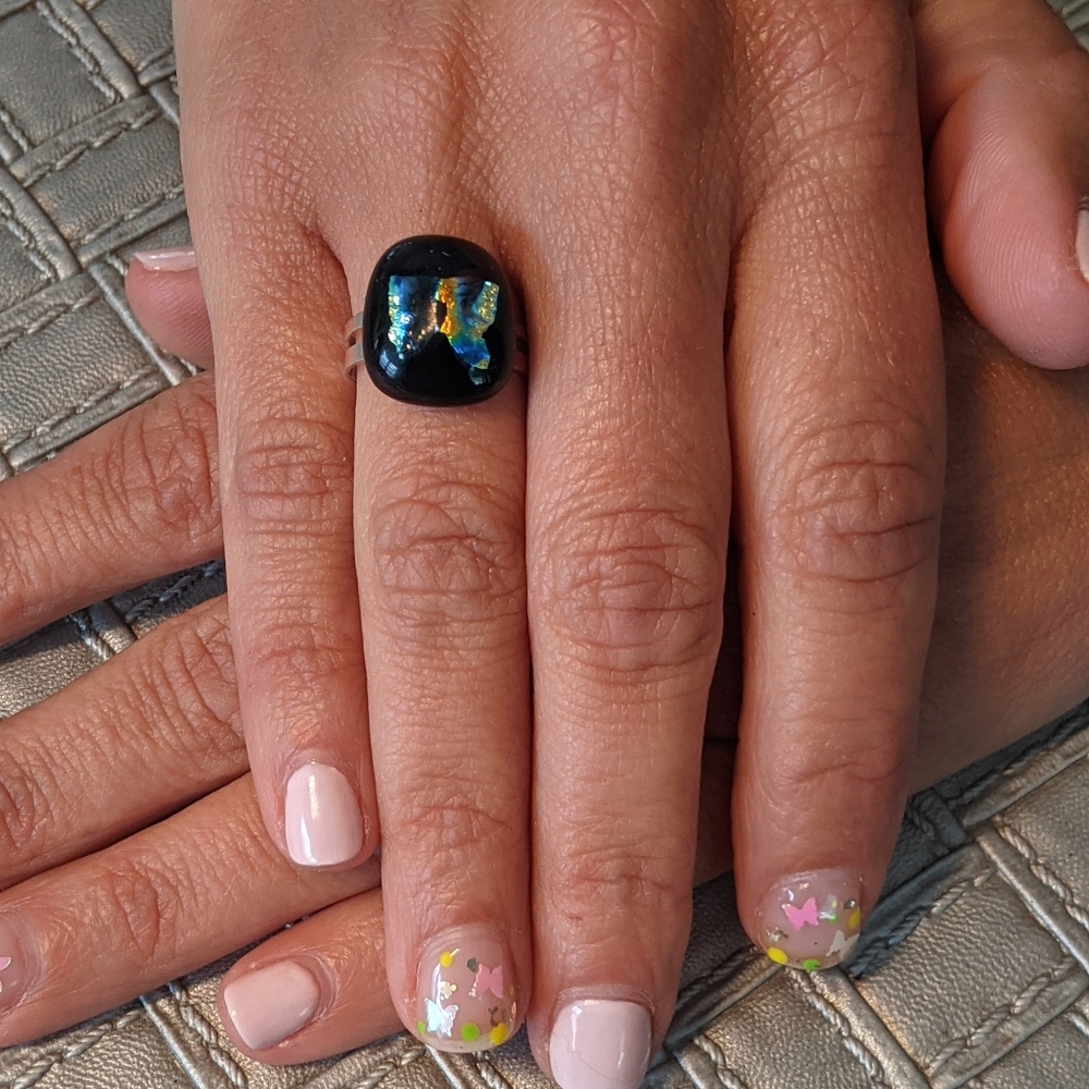 Artisan Handmade medium size black and dichroic fused glass adjustable ring